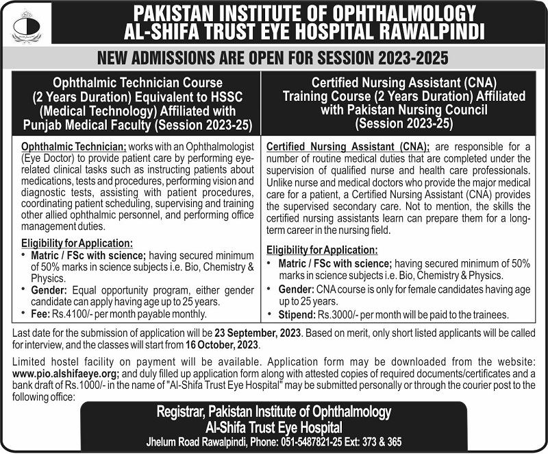 Admission at Pakistan Institute Of Ophthalmology